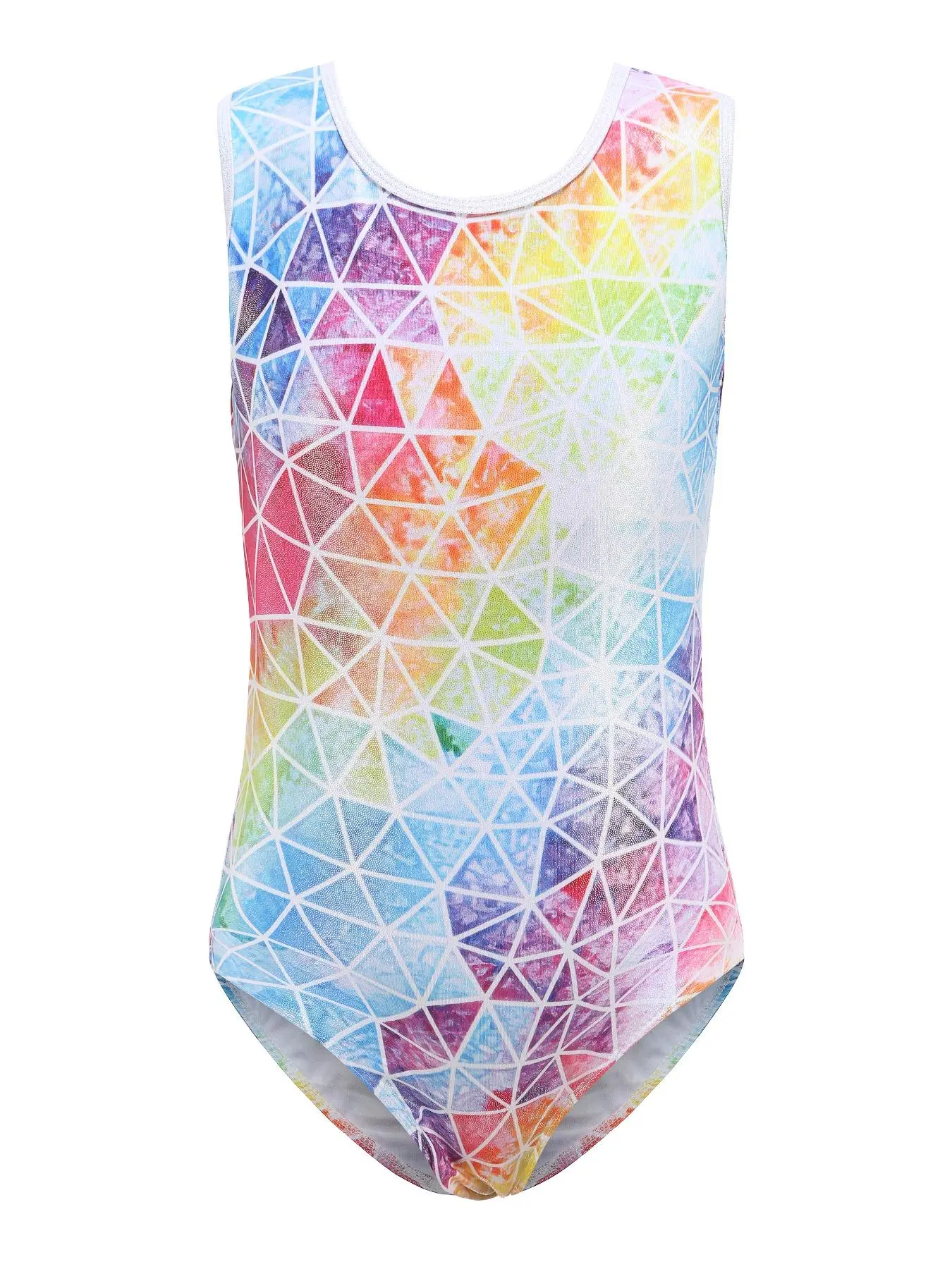 Girl's Geometric Print Round Neck One-Piece Dance Costume, Cute Sleeveless Dancewear for Dance Competition, Kids Dancewear for All Seasons