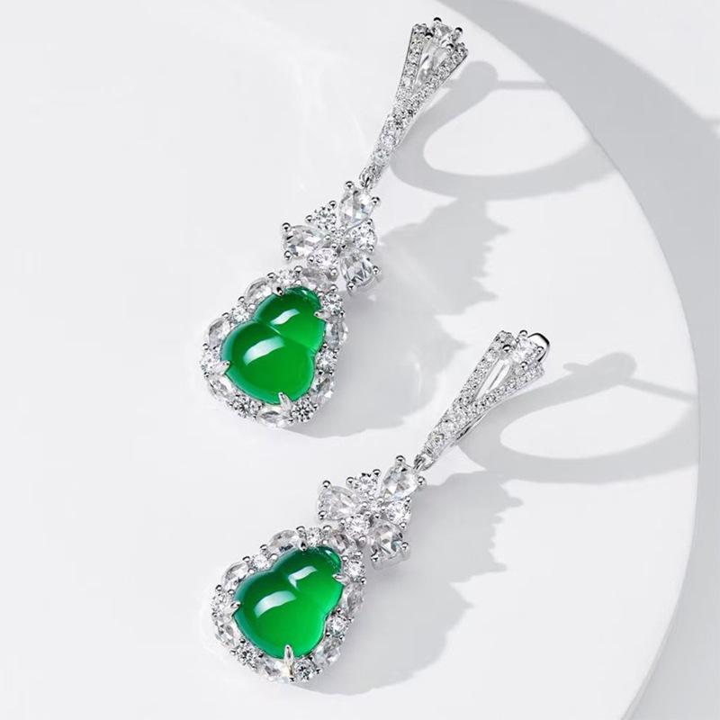 S925 Silver Inlaid Diamond Green Chalcedony Gourd Ear Hook High-Grade Women's Earrings JU8527 6