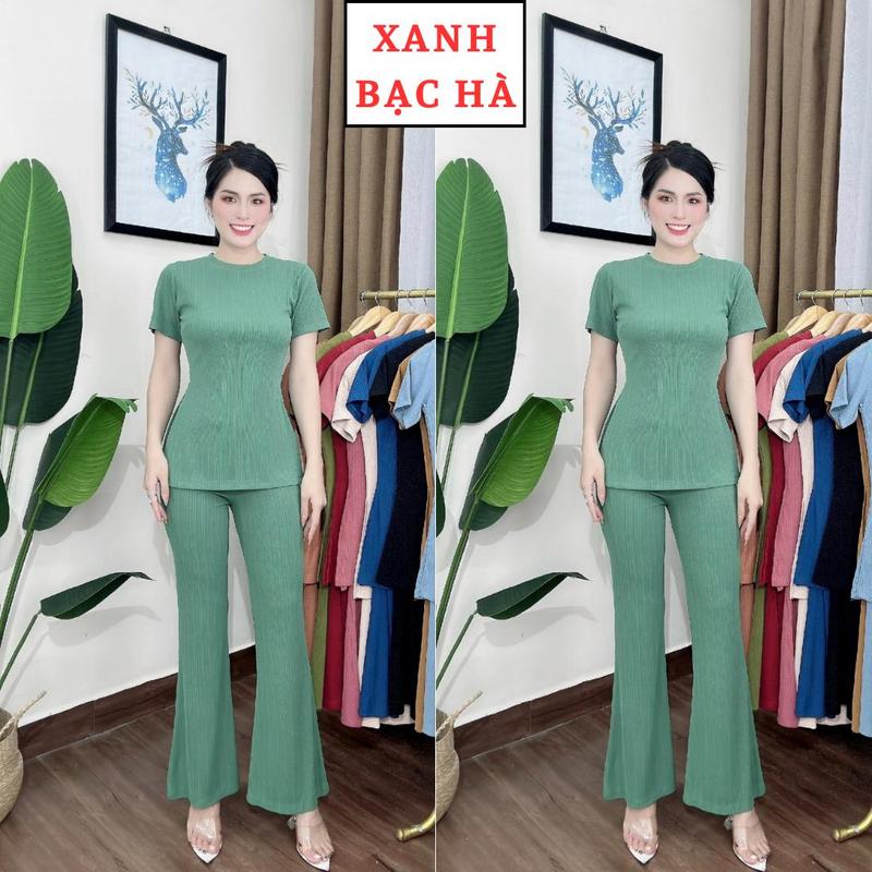 S18 Set bộ áo cổ tròn tay ngắn xẻ tà Store Phương Linh quần óng loe chất len sọc dày dặn đủ size S, M, L, XL, XXL phù cho các dịp thông thường Có thể giặt bằng máy 6