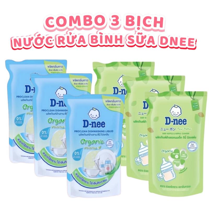 [Combo 3 Túi] Nước Rửa Bình Sữa Dnee Organic Rau Củ Quả, Trà Xanh, Hương Lô Hội Voi
