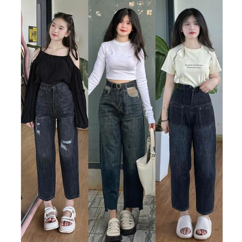Quần Baggy Jean Thêu Nữ Lưng Cạp Cao ống suông, Vải Jean Mềm Dày Dặn
