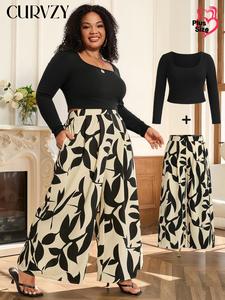 CURVZY Plus Size Two-Piece Set Scoop Neck Tee & Leaf Print Pocket Wide Leg Pants, Casual Long Sleeve Top & Trousers for Daily Wear, Women's Two-piece Outfits for Fall & Winter, Valentine's Day Outfit