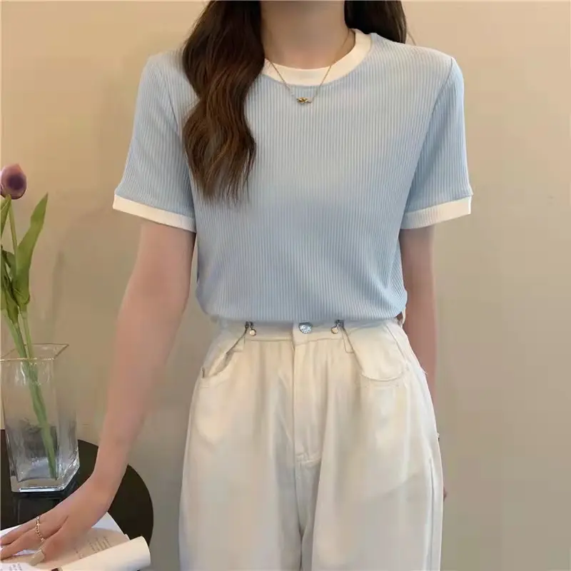 Áo Thun ngắn Tay Dệt Kim, Dành Cho Nữ, Co Giãn Mỏng Vừa Vặn, Màu Trơn Thích Hợp Để Xếp Lớp, Hàng Mới Về Mùa Hè 2024, Áo 5