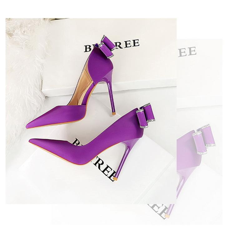 Product Introduction of 626-H36M European and American Style Banquet High Heels Stiletto High Heels Shallow Pointed Toe Side Cutout Rhinestone Back Bowknot Single Shoes kitten  heels 9