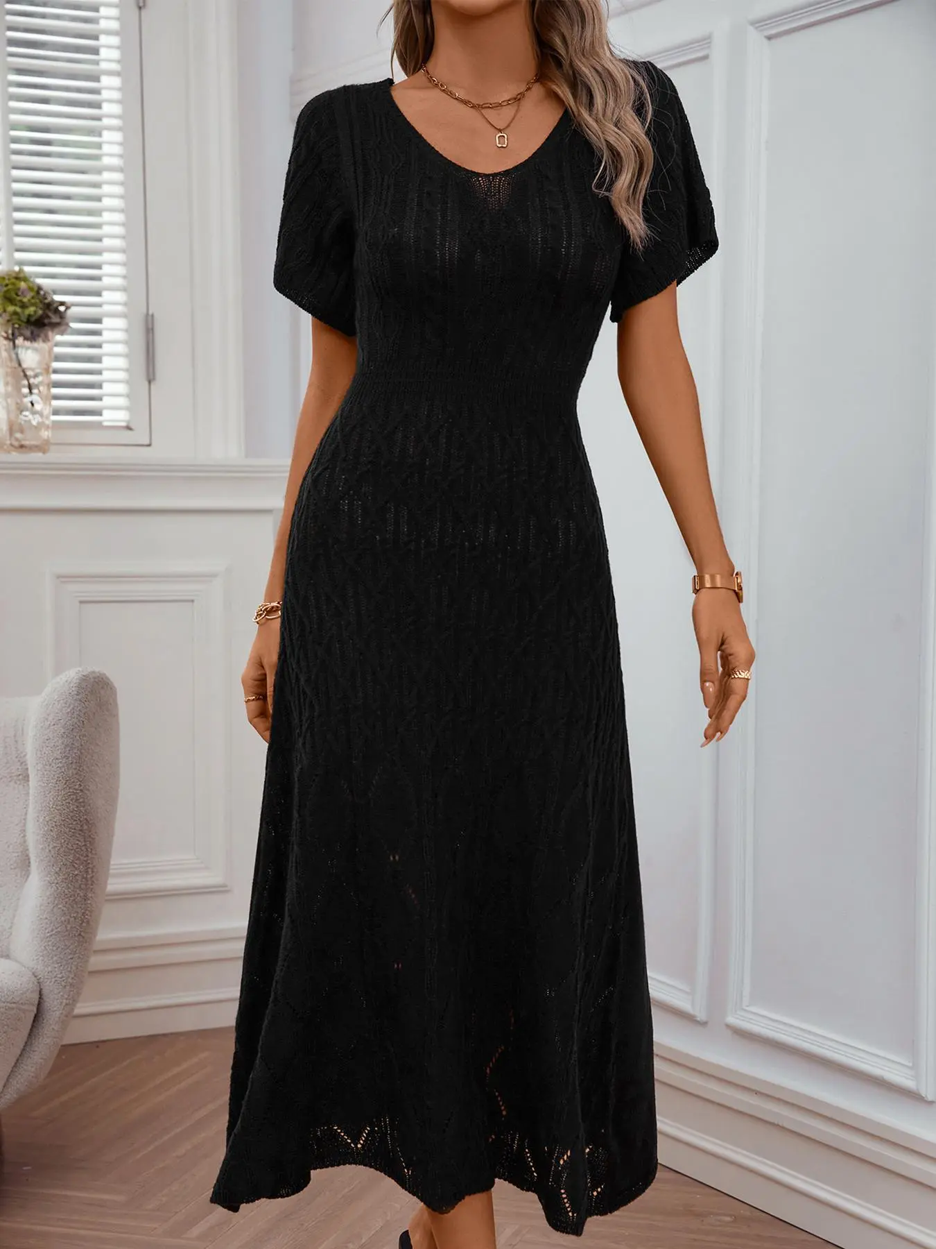 Women's Plain V Neck Sweater Dress, Elegant Fashion Short Sleeve A Line Dress for Daily Outdoor Wear, Women Dress for Spring & Fall