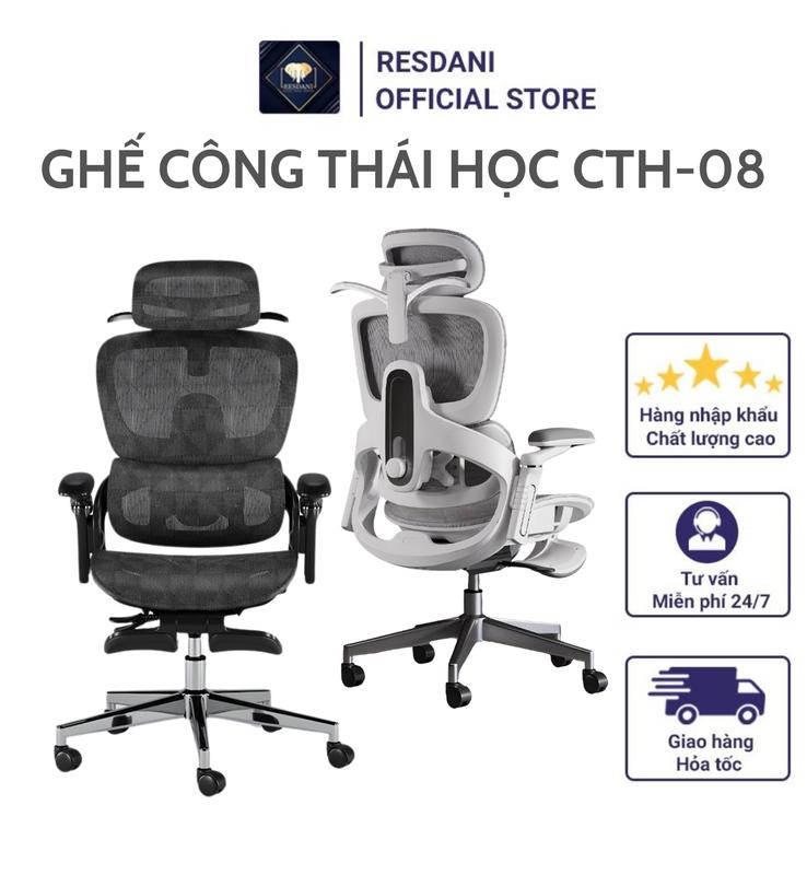 [CTH-08] Ghế Công Thái Học , Ghế Làm Việc Cao Cấp , Hỗ trợ Bảo Vệ Cột Sống , Tựa Đầu 3D , Tiện Ích Ngả Lưng 125 Độ Có Gác Chân Ghế RESDANI ghế  công thái học ghế  xoay