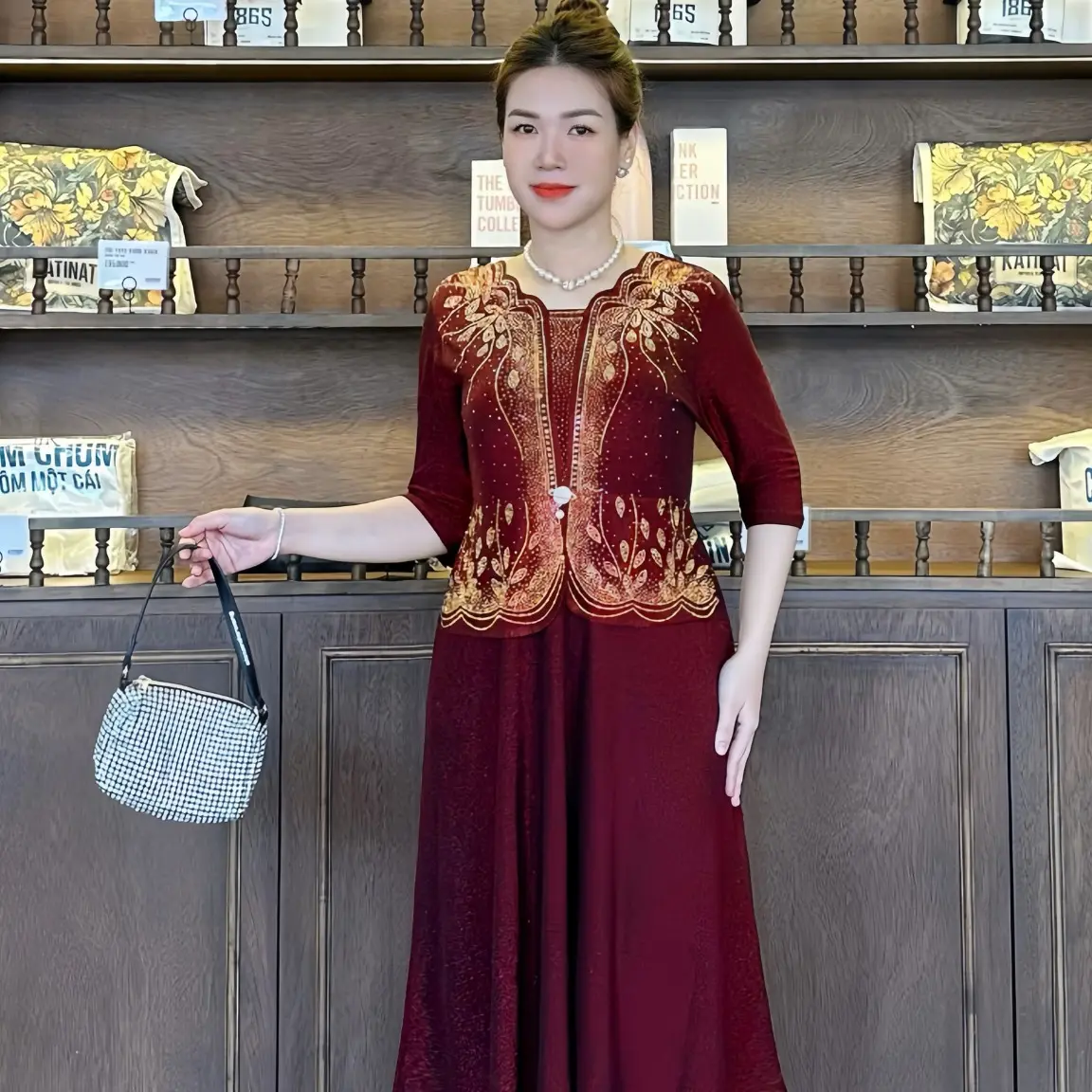 M692 Đầm dự tiệc midi ép đá pha lê , peplum che bụng sang trọng Nữ Women Dress Đỏ