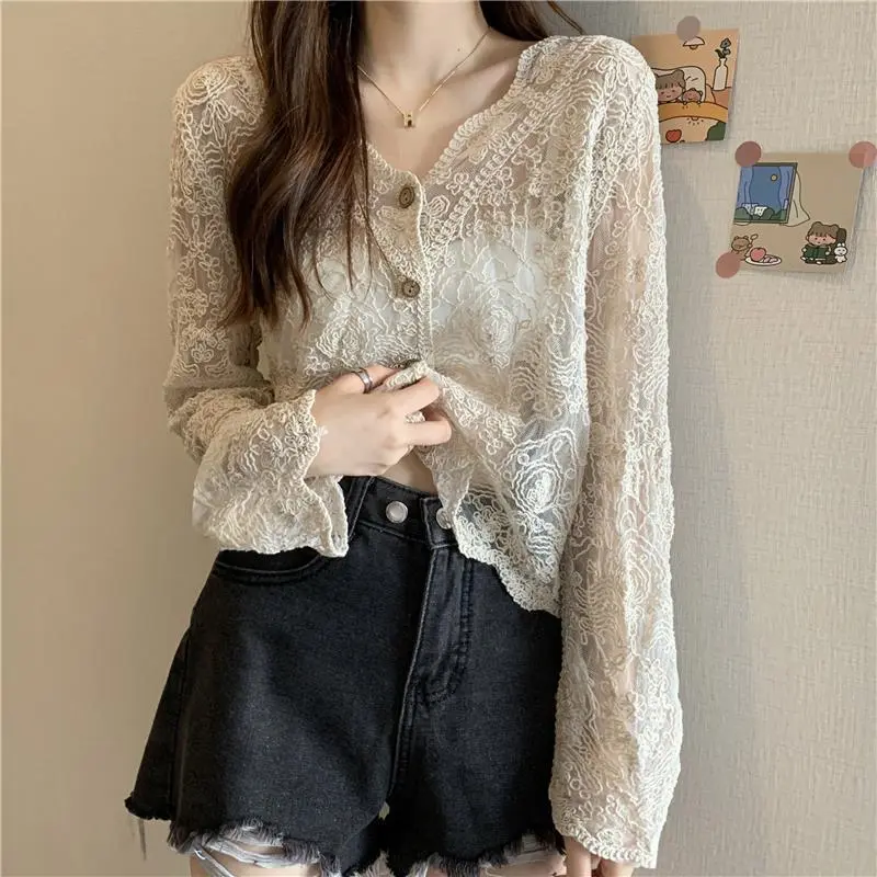 Áo Cardigan Ren Dài Tay Cho Nữ, Cổ Chữ V, Hoa Rỗng, Áo Mùa Hè Sơ Mi