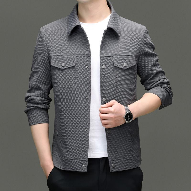 Product Introduction of Spring 2024 Men's Knitted Elastic-Force Jacket Lapel Overalls Korean Style Slim-Fitting Jacket Fashion All-Matching Closed 14