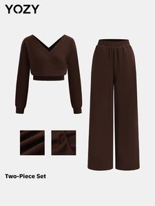 YOZY Women's Solid Wrap V Neck Top & Wide Leg Pants Two-piece Set, Casual Long Sleeve Top & Trousers Two Piece Set for Daily Wear