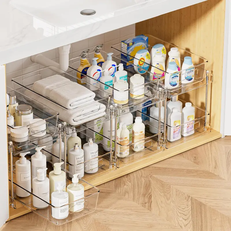 Bathroom Organizer, 2 Tier Clear Under Sink Organizers Vanity Countertop Storage Container,Cabinet Drawers Bins, Pull-Out Organization with Track for Pantry, Kitchen Boxes 0