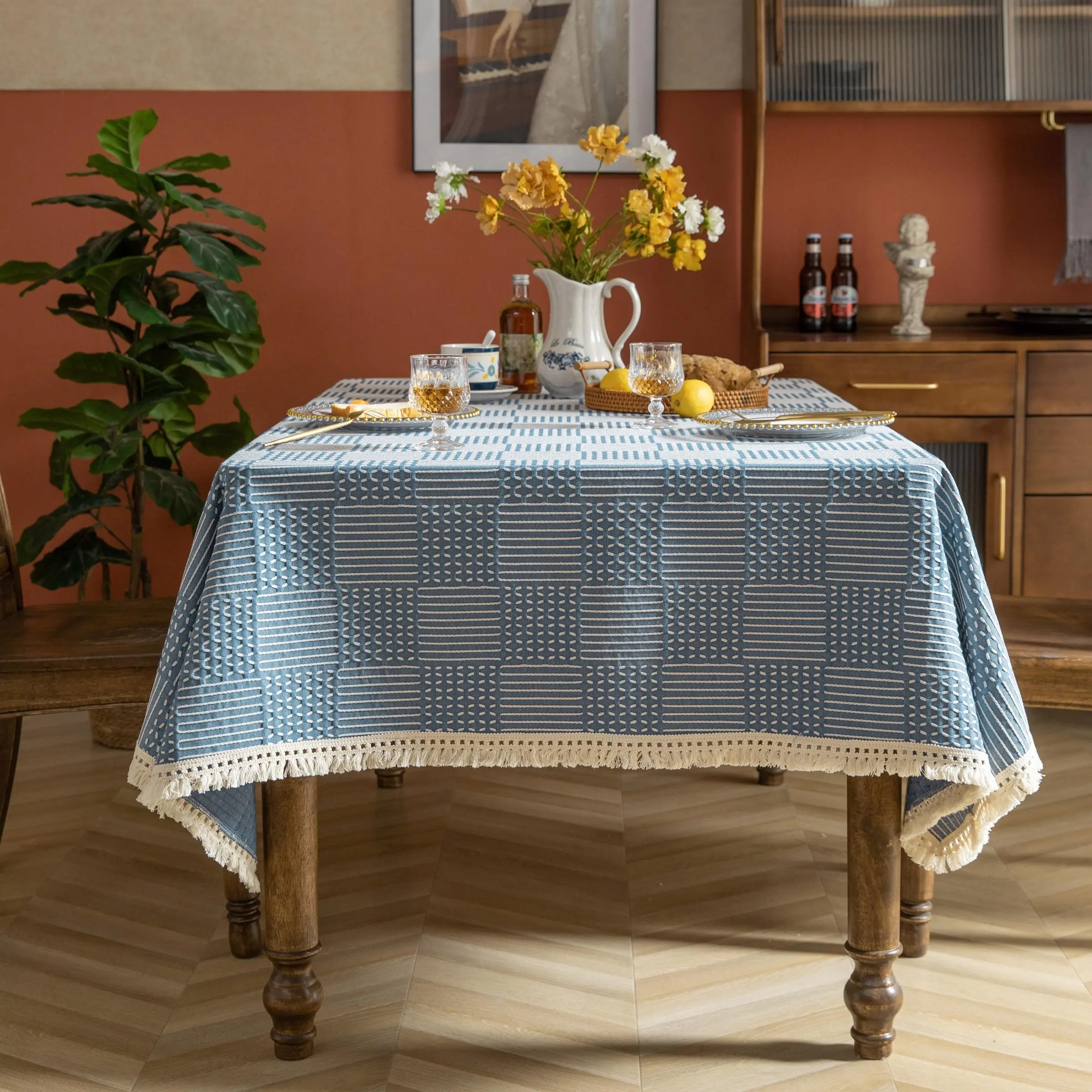 Jacquard Checkered Pattern Table Cover with Tassels, 1 Count Exquisite Elegant Tablecloth, Table Decoration Supplies for Home Kitchen Dining Room Party
