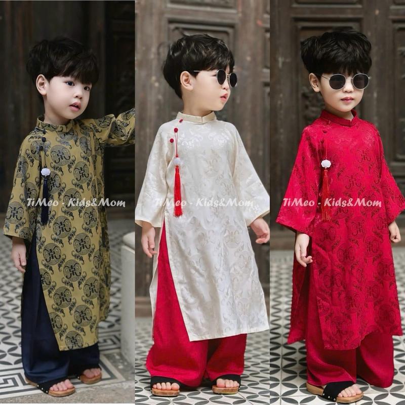 CHÍNH CHỦ - TIMEO Áo dài bé trai Uy Vũ 7-48kg sét áo và quần vải gấm lụa cao cấp hoạ tiết thọ dơi tặng kèm ngọc bội cho bé