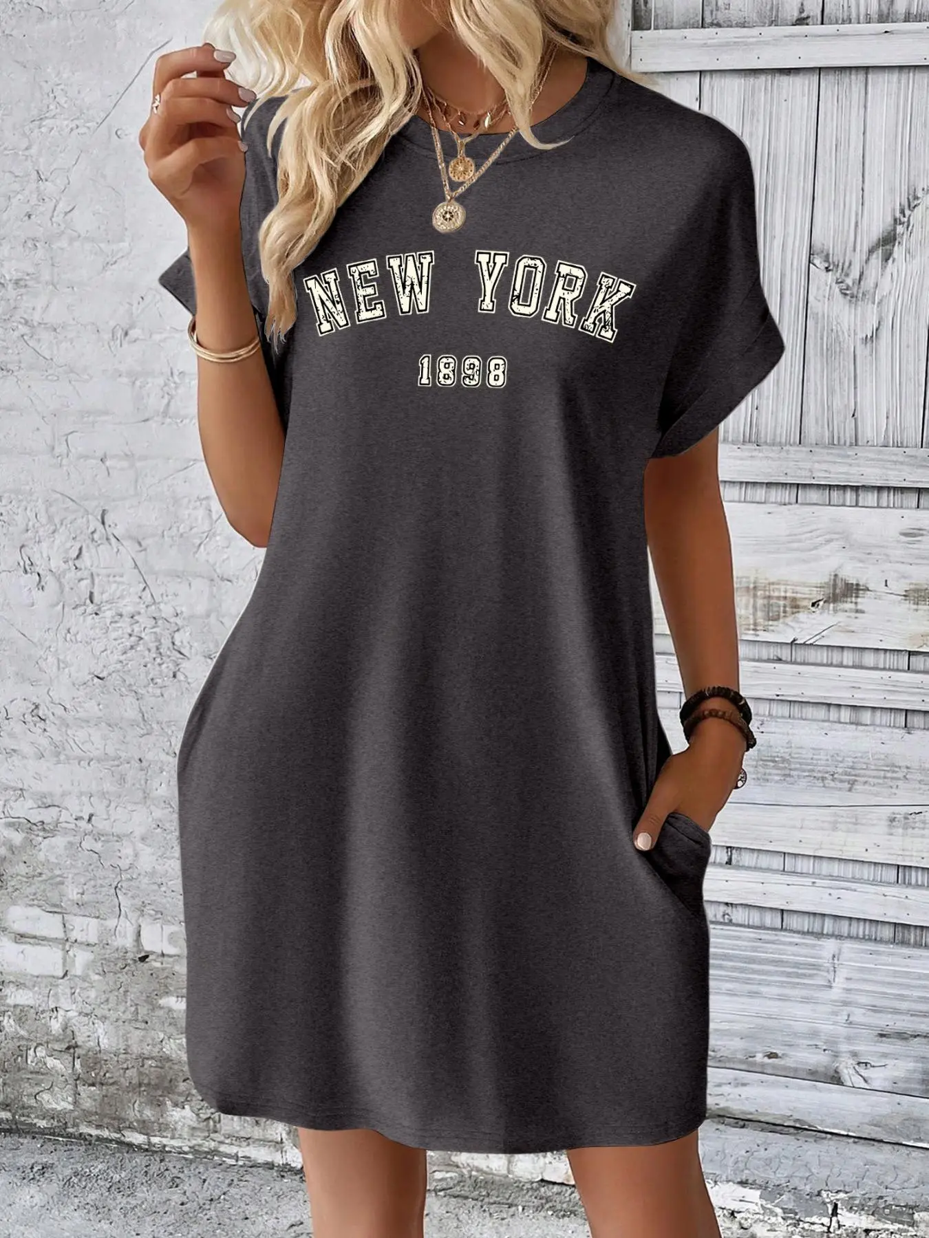 Women's New York Print Side Pocket Tee Dress, Casual Vintage Short Sleeve T-shirt Dress for Spring & Fall, Ladies Clothes for Daily Wear