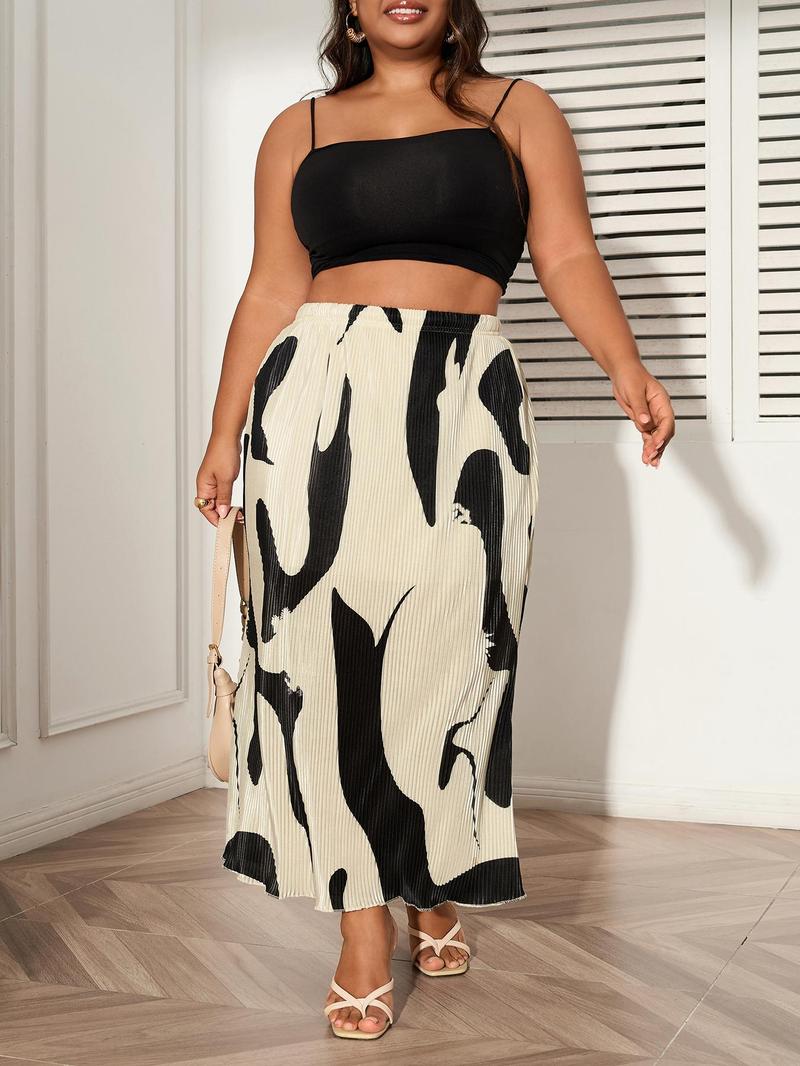 Product Introduction of CURVZY Plus Size Abstarct Print Elastic Waist Pleated Skirt, Casual High Waist Long Skirt for Summer, Women's Bottoms for Daily Wear 16