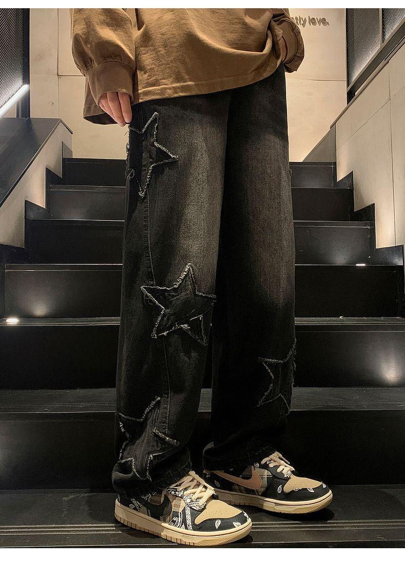 Product Introduction of Pants Men's Ins Fashionable Loose Wide-Leg American Vibe High Street Jeans Men's Fashionable Fried Street Ruan Shuai Straight Men's Pants Sneaker 34