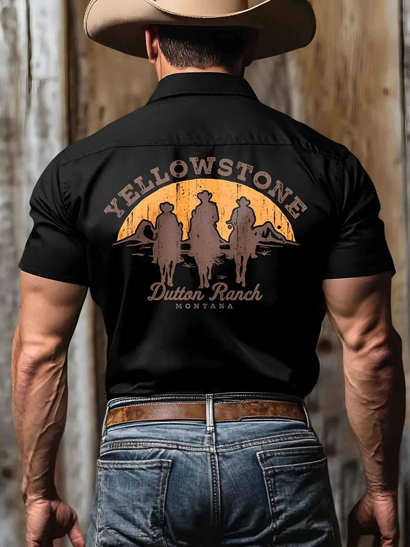 Men's Regular Fit Cowboy Print Short Sleeve Graphic Shirts, Casual Shirts for Summer, Men's Top for Daily Wear