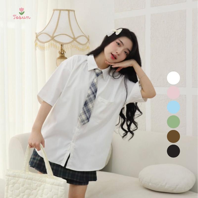 [TOSUN] Áo sơ mi trơn form rộng tay lỡ chất liệu kaki mềm hình thêu basic M02