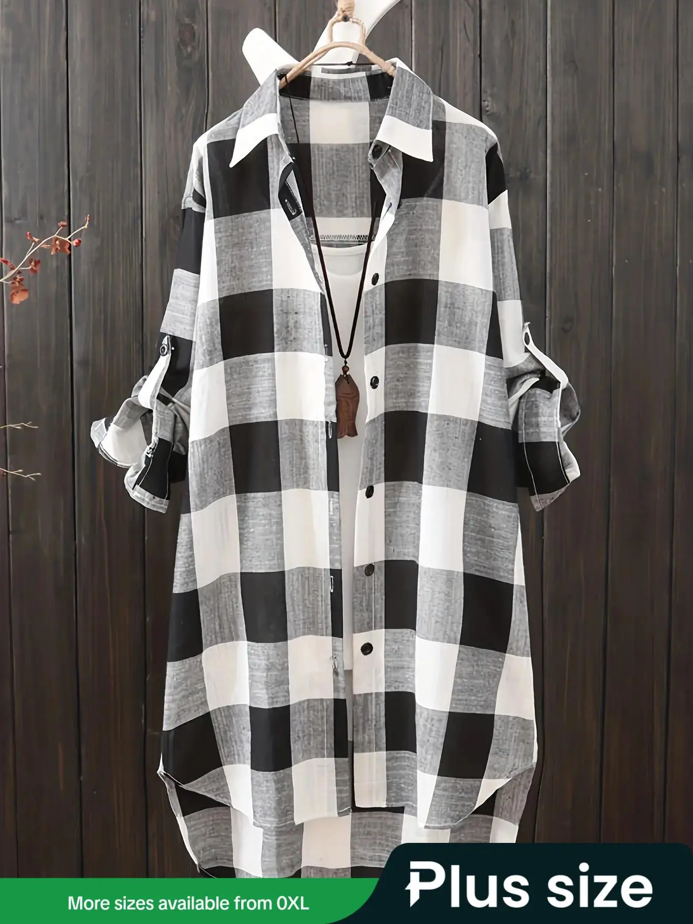 Plus Size Plaid Print Button Front Shirt, Casual Oversized High Low Roll Up Sleeve Top for Spring & Fall, Clothes for Women, Women's Breathable Clothes for Daily Wear, Holiday Outfits