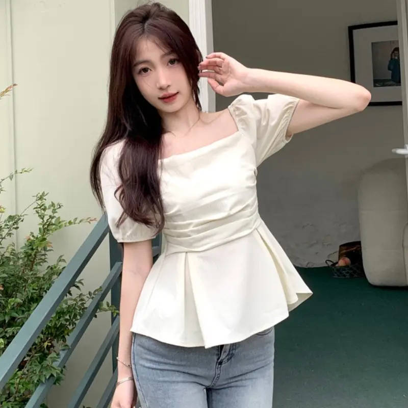 Áo Cánh Trơn Dành Cho Nữ, Thiết Kế Đẹp, Áo Cổ Vuông, Phong Cách Hàn Quốc, Áo Sơ Mi ngắn Tay Mùa Hè