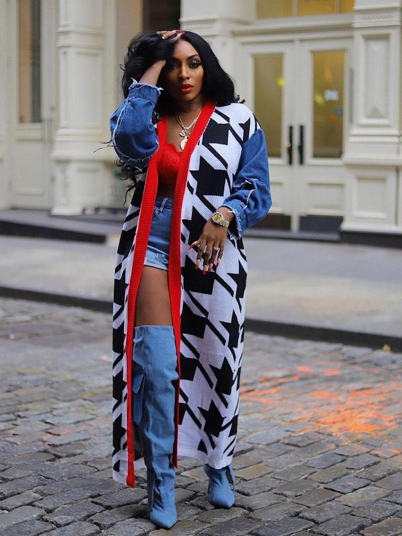 Product Introduction of Women's Houndstooth Patchwork Print Drop Shoulder Longline Cardigan, Casual Long Sleeve Open Front Knitwear for Fall & Winter, Fashion Ladies' Knit Clothing for Daily Wear, Sweaters for Women 10