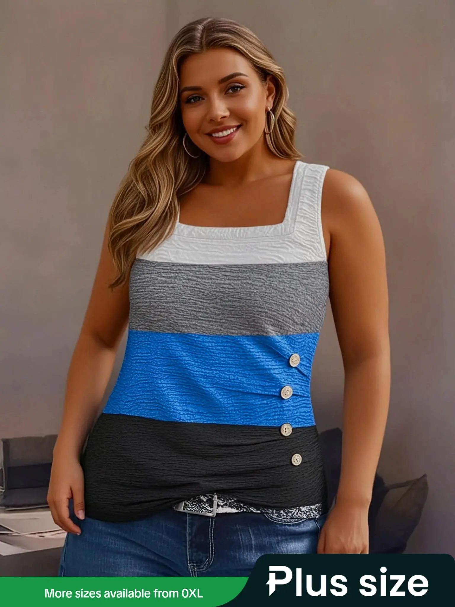 【Plus Size】 Patchwork Print Button Decor Tank Top, Casual Sleeveless Square Neck Top for Summer, Women's Plus Clothing for Daily Wear