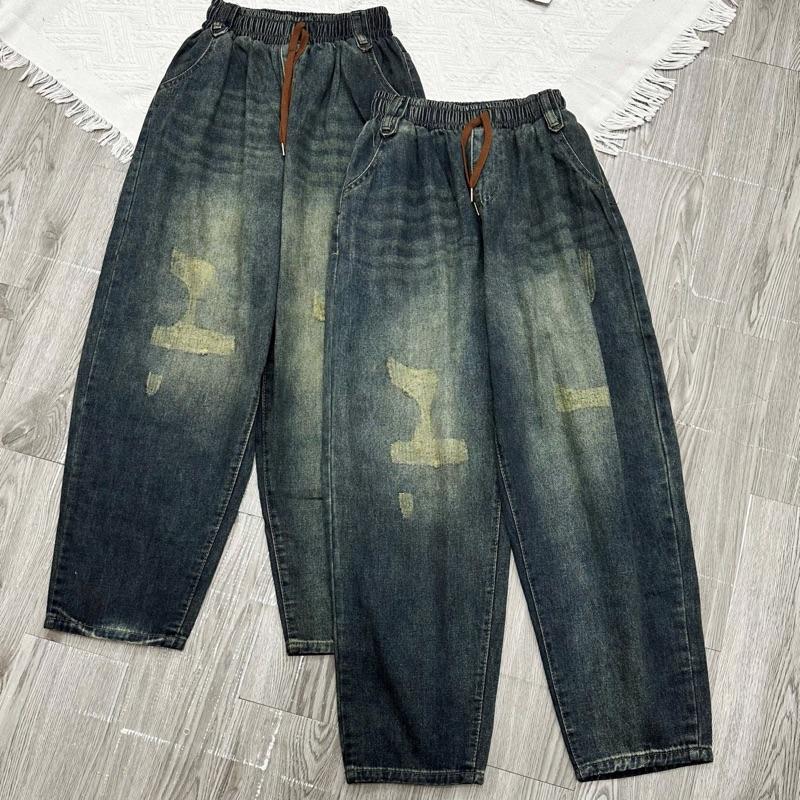 2501 BIGGSIZE Quần baggy jeans nữ cạp cao, quần jeans dáng baggy thụng cạp chun tạo kiểu hai bên