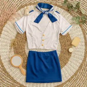 [ Happy Girl Shop ] Stelan Seragam Cosplay Model Lingerie Premium Captain Pelaut Girl Cutie Lucu Seksi Dengan Atasan Short Sleeve With Button Mewah Modern Mid Looks Bodycon Short Sleeve Fitting Rok Mini For Zipper Cotton Blends Best Quality CAPTAIN GIRL