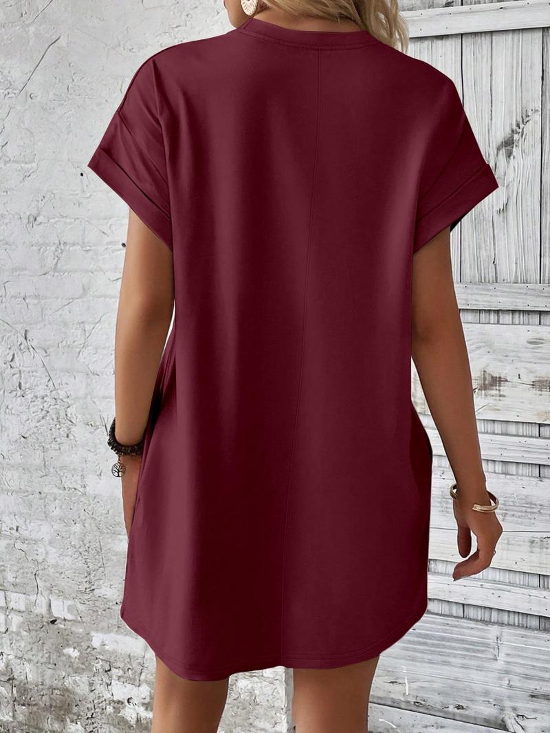 Product Introduction of Women's Just Breathe Letter Print Thermal Transfer Printing Short Dress, Casual Short Sleeve Round Neck Dress for Spring & Fall, Ladies Clothes for Daily Wear 6