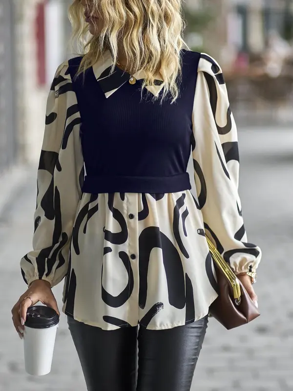 Women's All Over Print 2 in 1 Bishop Sleeve Blouse, Elegant Long Sleeve Button Front Top for Spring & Fall, Women's Clothing for Daily Wear 7