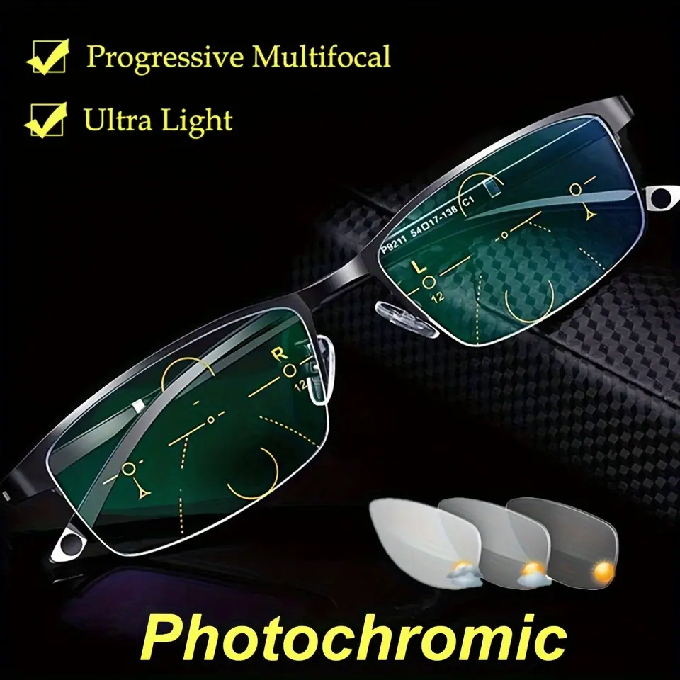 1pc Men's Smart Photochromic Progressive Multifocal Glasses, Unisex Glasses TR90 Computer Auto Zoom Glasses, Ideal choice for Gifts