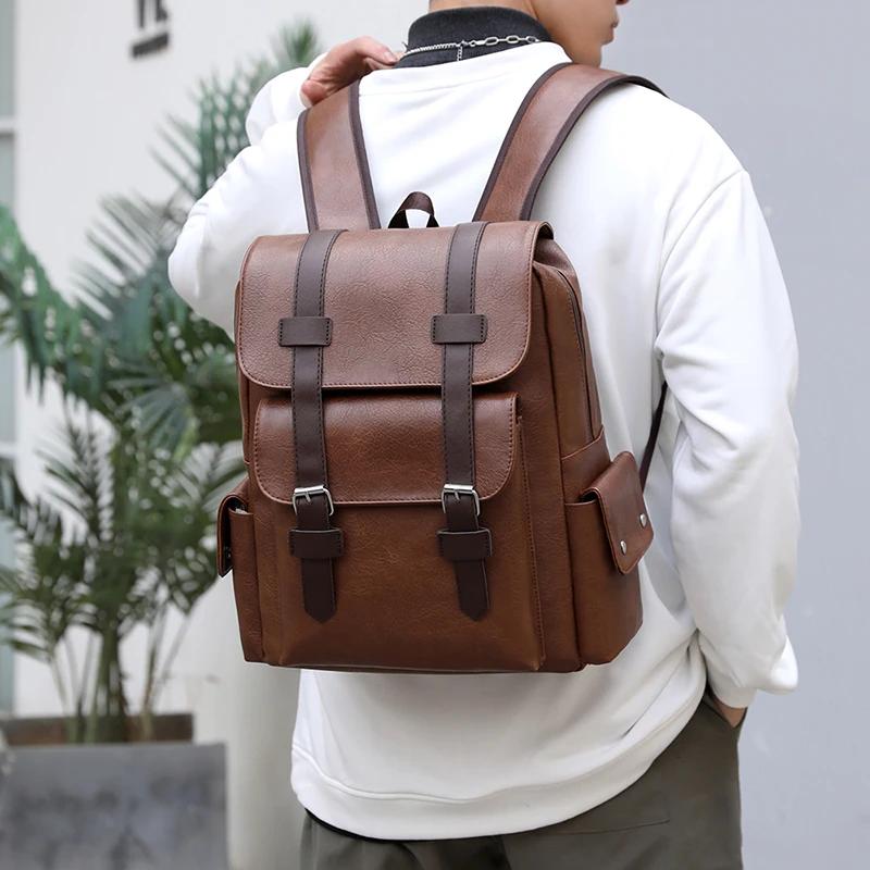 Product Introduction of Men's Backpack PU Leather Bagpack Large Laptop Backpacks Travel Multi Male  Black Schoolbag College Style 14