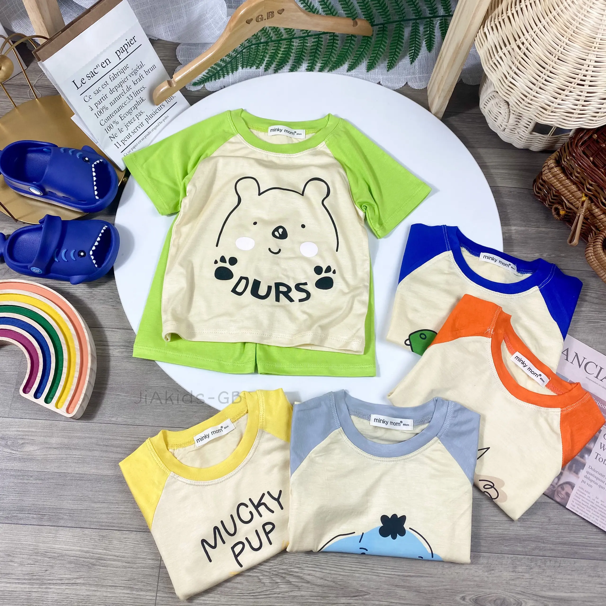 MINKYMOM Bộ Thun Lạnh Ngắn Tay Giáp Lăng Phối Màu TN-IN83
