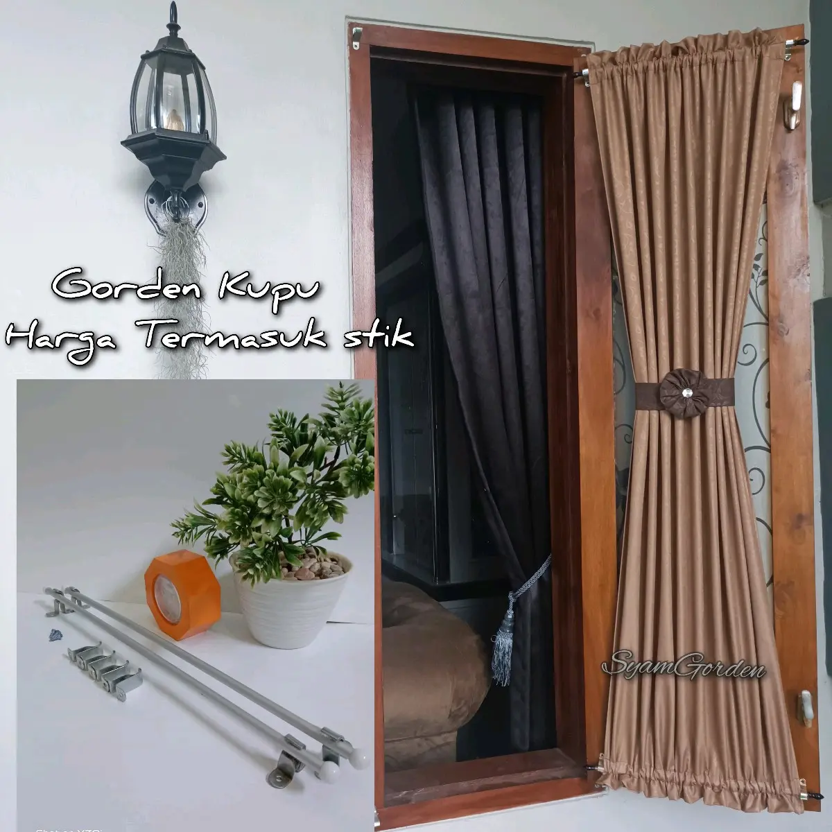 Gorden Jendela Rumah Minimalis kupu kupu Kain embos 1set lengkap dengan stik panjang 100 cm s/d 2 meter Kayu