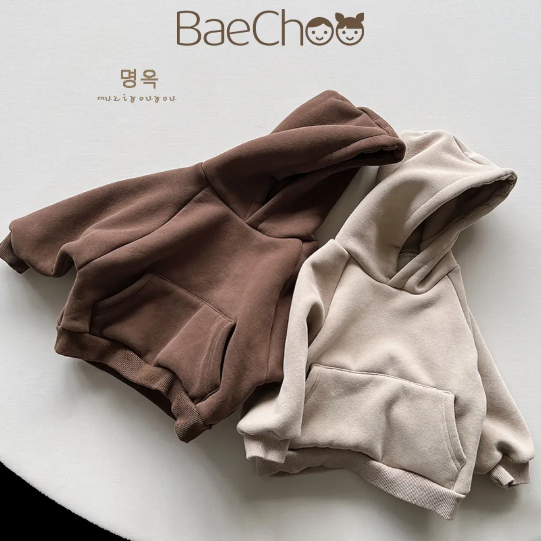 Áo nỉ có mũ lót lông cừu mùa thu đông Baechoo cho bé trai và bé gái từ 1 đến 7 tuổi (9 - 25 kg) mềm và ấm áp