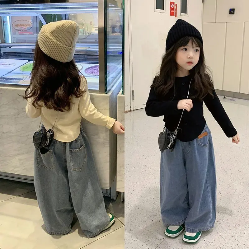 Bộ Đồ Bé Gái, Hàng Mới Về Mùa Xuân Và Mùa Thu, Phong Cách Hàn Quốc, Dành Cho Bé Gái Và Trẻ Em, Áo Sơ Mi Lớp Nền Quần Jean Thường Ngày Quần Ống Rộng Bé Gái, Áo Bé Gái Heo