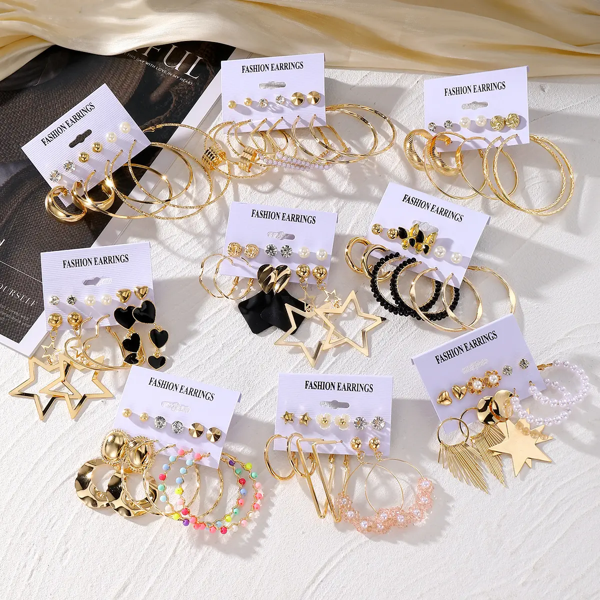 Bộ Bông Tai Nữ, 6 Đôi, Bông Tai Ngọc Trai, Trang Sức Thời Trang, Bông Tai Dạng Vòng Họa Tiết
