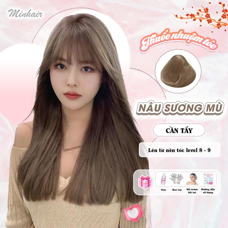 Thuốc Nhuộm Tóc màu Nâu Sương Mù, MinHair, tặng kèm oxy trợ dưỡng và bao tay Nữ  Đổi Màu Tóc Nam Nữ Women