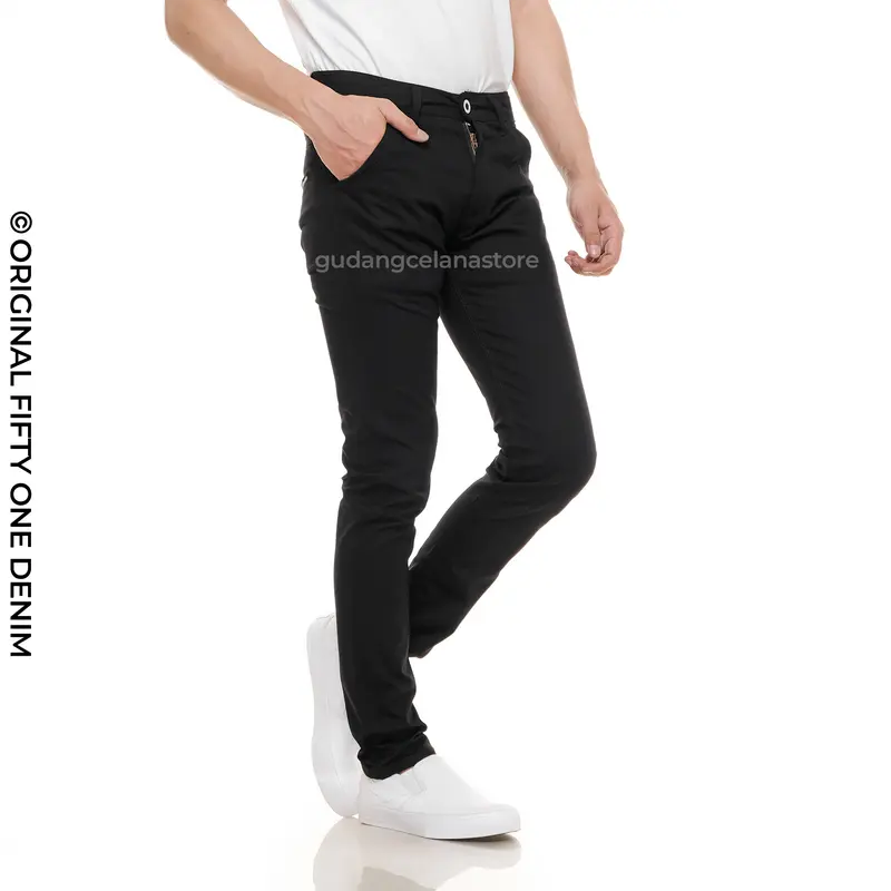 FIFTY ONE DENIM - Celana Chino Pria Panjang Slim Fit Katun Twill Stretch Melar Hitam Pekat Premium New Original Distro Fifty One Denim Nyaman Tebal Melar Santai Black Ukuran 28-34 2