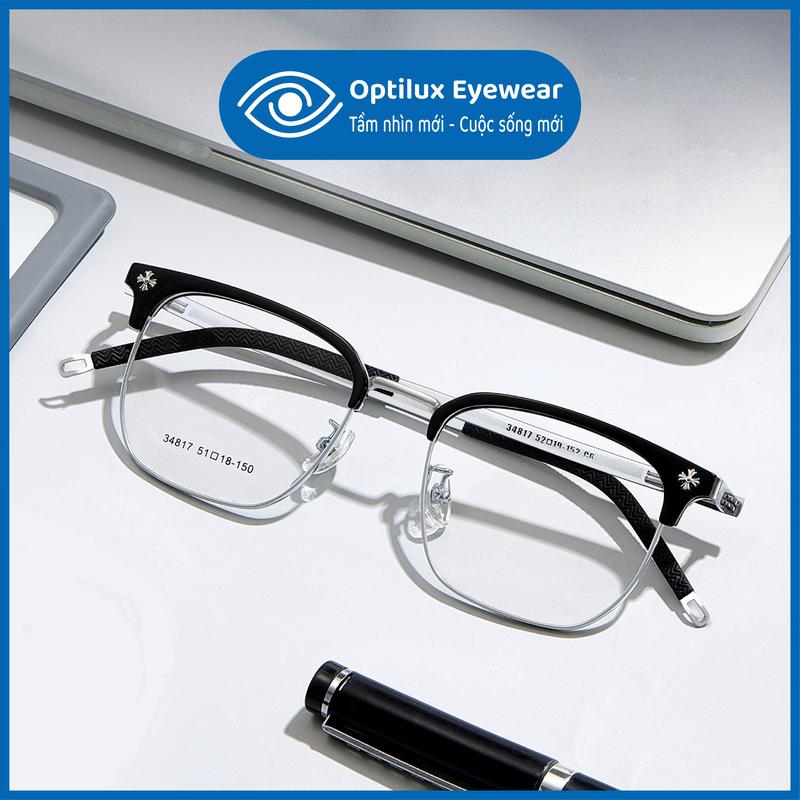 [E26] - Gọng Kính Mắt ChromeH Nam Nữ Cao Cấp Form Nhỏ, Chữ V, Kiểu Dáng Mắt Vuông Oval Clubmaster Mặt Tròn, Hợp Kim Loại Cao Cấp, Nhựa Dẻo Trong Suốt, Bền Đẹp, Trẻ Trung, Thời Trang HQ 2024 (dễ dàng lắp Mắt Kính cận và Tròng Kính đổi màu) chrome heart