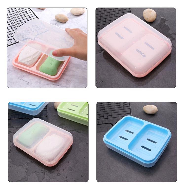 Product Introduction of Creative travel double body with lid soap box, household hygiene and fashion double grid soap box, draining plastic soap box 6