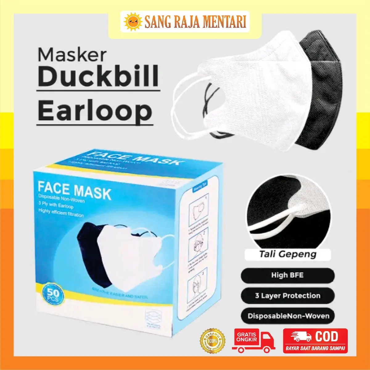 Masker Duckbill Garis isi 50pcs 3ply Face Mask 1 Box Hitam Putih Duckbil