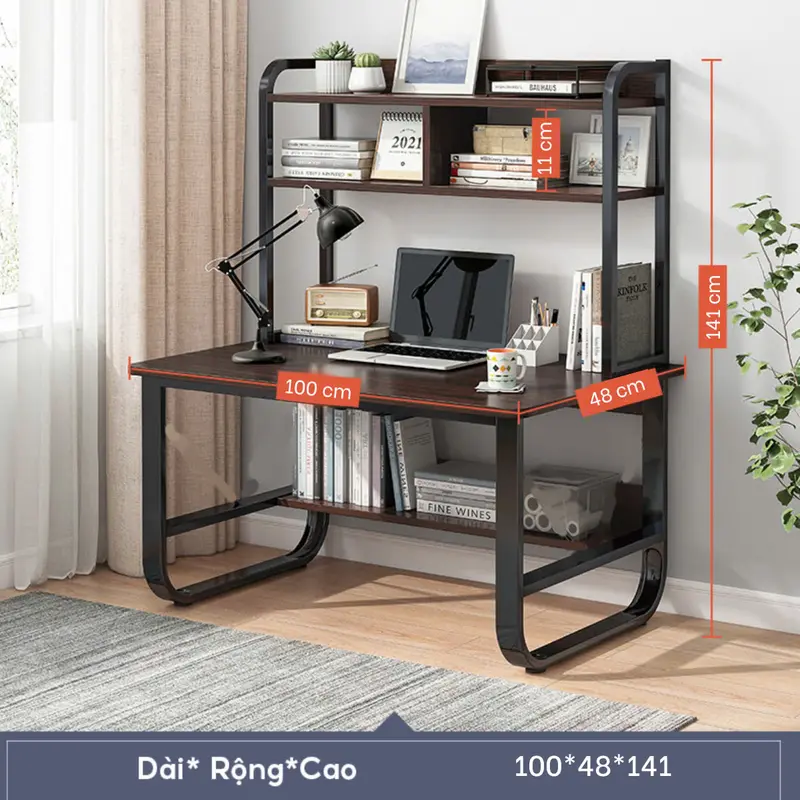 Bàn làm việc, bàn học kết hợp kệ sách chân uốn cong cách điệu thiết kế mới lạ màu gỗ tối/ gỗ sáng BH-047 [Nội Thất 5C] 0