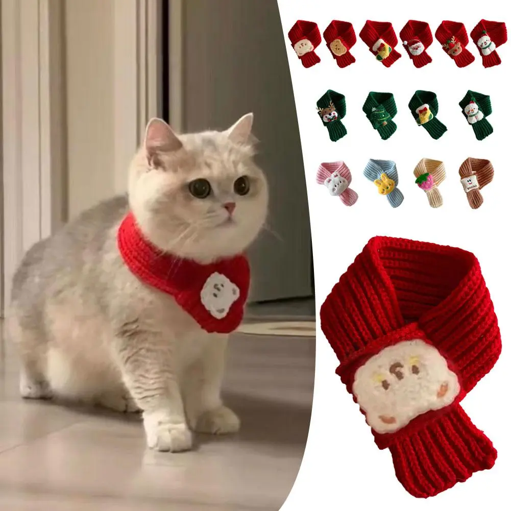 Christmas Cat Scarf Dog Bow Knitted Saliva Towel With Christmas Elements Doll Pet New Year
