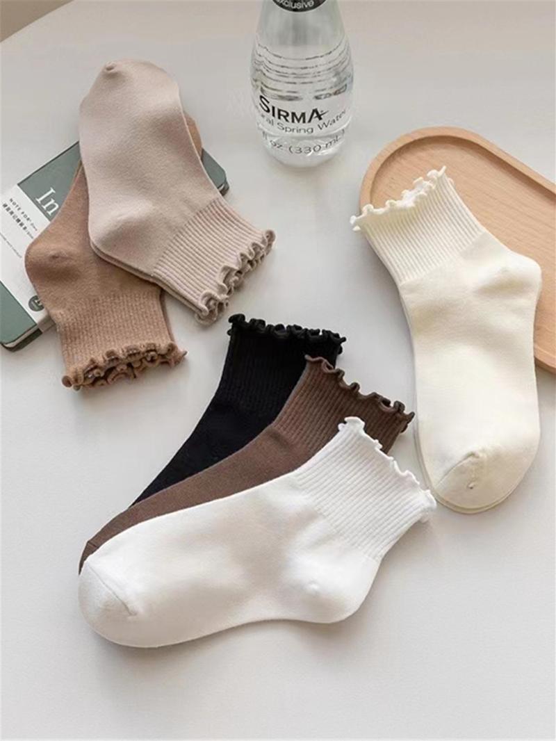 Product Introduction of Women's 6 Pairs Lettuce Trim Crew Socks, Dresssocks, Casual Solid Moisture Wicking Mid-calf Socks, Socks for Women, Soft Comfy Breathable Socks for Spring & Fall Daily Wear, Workwear for Women 2