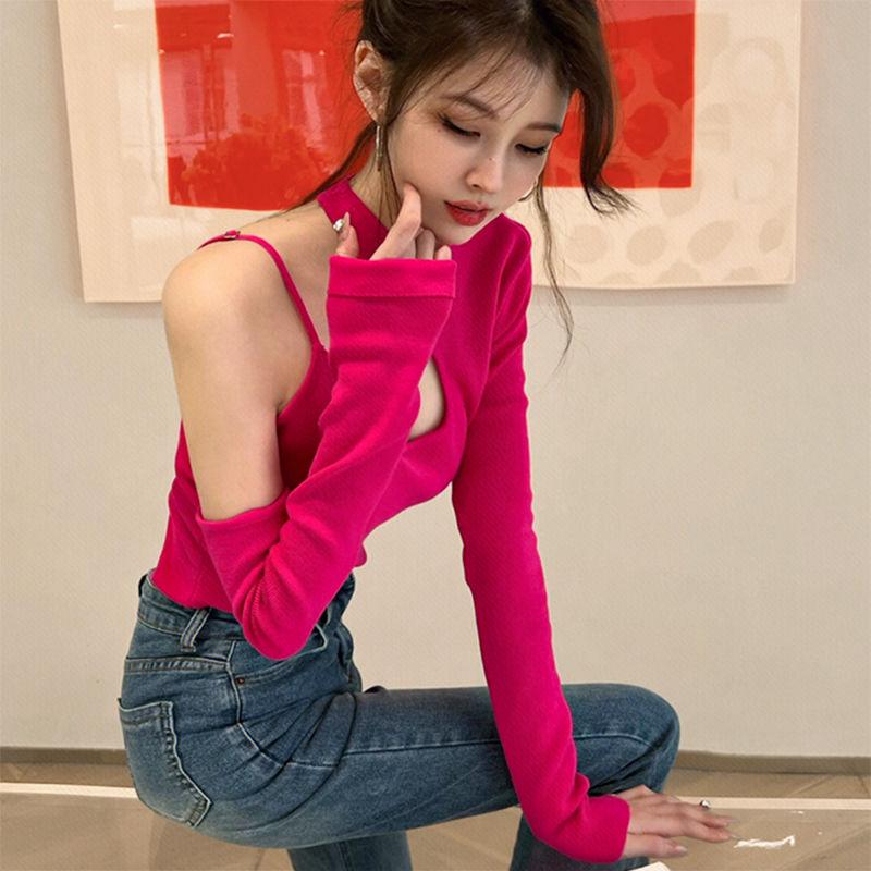 Áo Nữ Tay Áo Dài Trễ Vai, Màu Hồng Nhạt, Áo Sơ Mi Sarong Cơ Sở Nhỏ Cho Nữ, Áo Sơ Mi Quây Acubi, Áo Ba Lỗ Quân Đội, Dành Cho Nữ 4