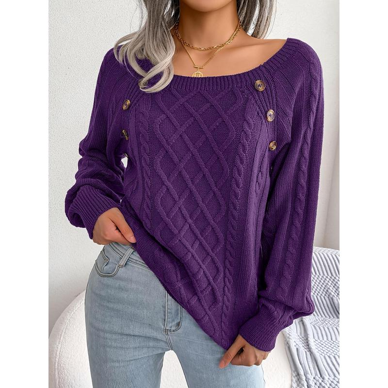 Women's Sweater Round Neck Texture Button selling Lantern Sleeve Sweater