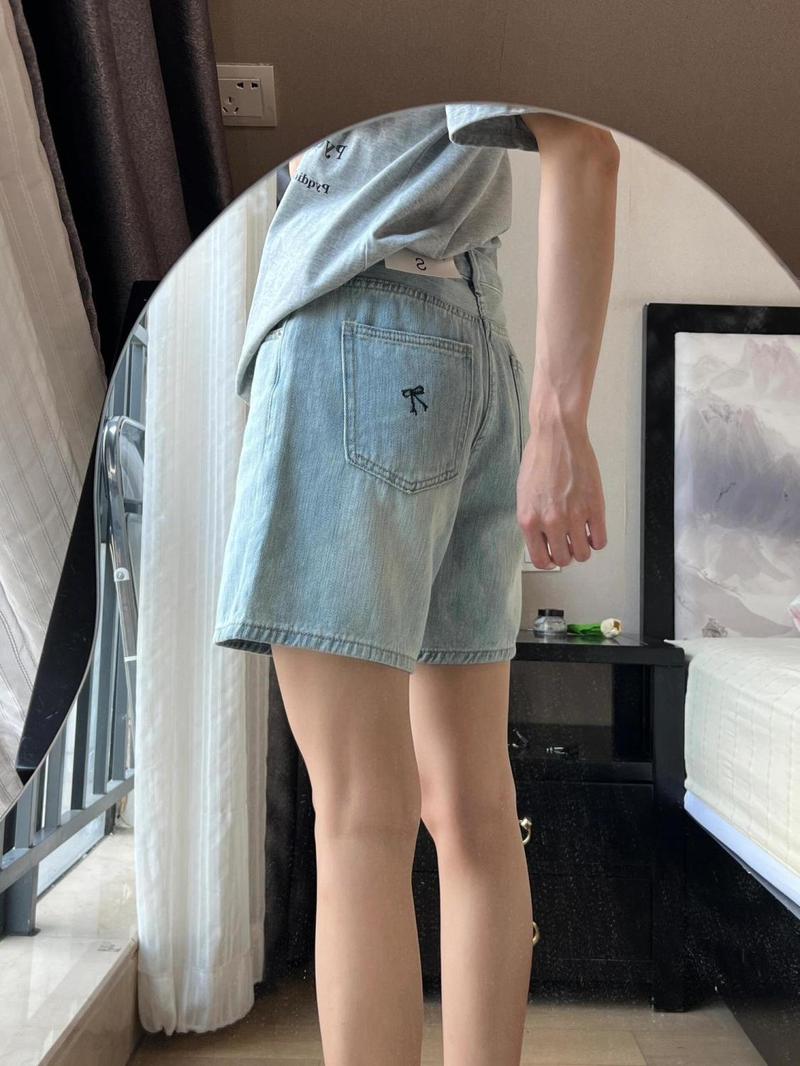 Product Introduction of # Ss24 Embroidered Bow Light Color High Waist Straight Denim Shorts Women's Summer plus Size Plump Girls Wide Leg Loose Cropped Pants 2