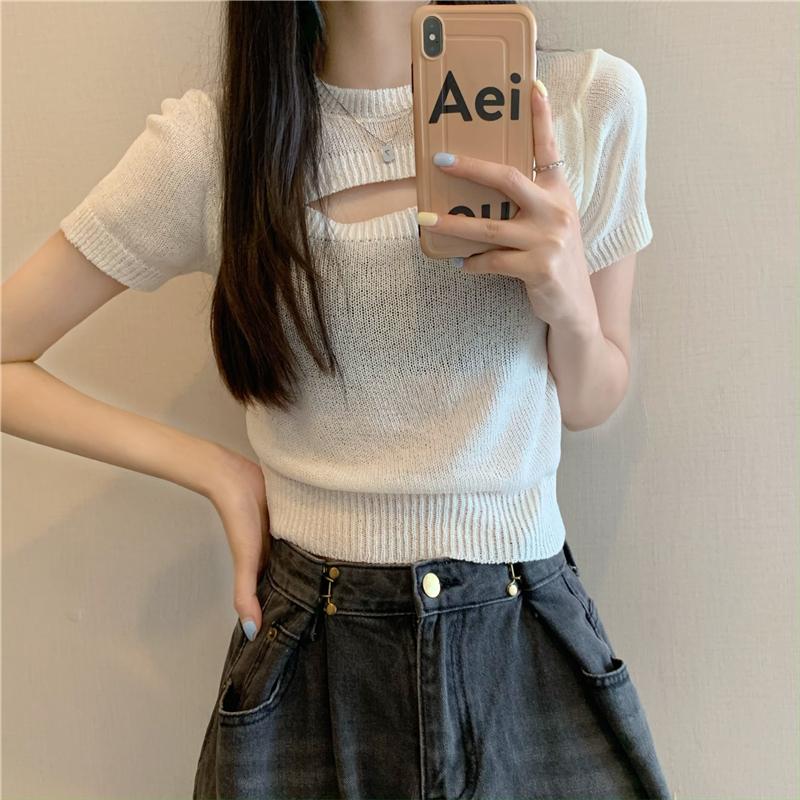 Product Introduction of Áo Len Dệt Kim Giả Hai Lớp, Thiết Kế Độc Đáo Sang Trọng Khoét Lỗ Áo Phông Ngắn Tay, Áo Ngắn Cô Gái Nóng Bỏng Mùa Hè, Phong Cách Instagram, Dành Cho Nữ, Bán Chạy Top Women Top Women 16