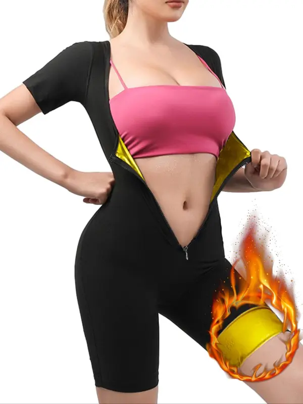 Women's Plain Zip Front Sports Shapewear Romper, 2024 Fashionable Summer New Sporty Tight-fit Tummy Control Short Sleeve Shapewear Jumpsuit, Ladies Sauna Clothes for Workout Gym Exercise Fitness, Womenswear, Tummy Control 6